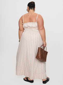 back view of model wearing Princess Polly Persephone Shirring Linen Maxi Dress Pink Stripe Curve Square Neck 