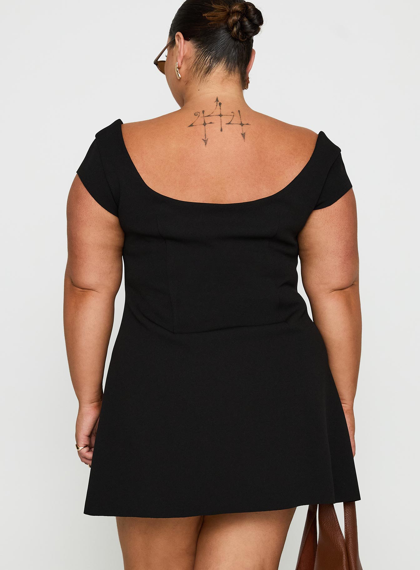 back view of model wearing Princess Polly Sylvette Mini Dress Black Curve Scoop Neck 