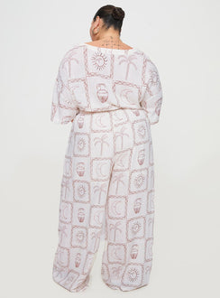 back view of model wearing Princess Polly Sun Dream Pant Cream / Multi Curve 