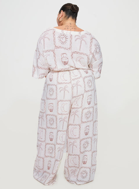 back view of model wearing Princess Polly Sun Dream Pant Cream / Multi Curve 