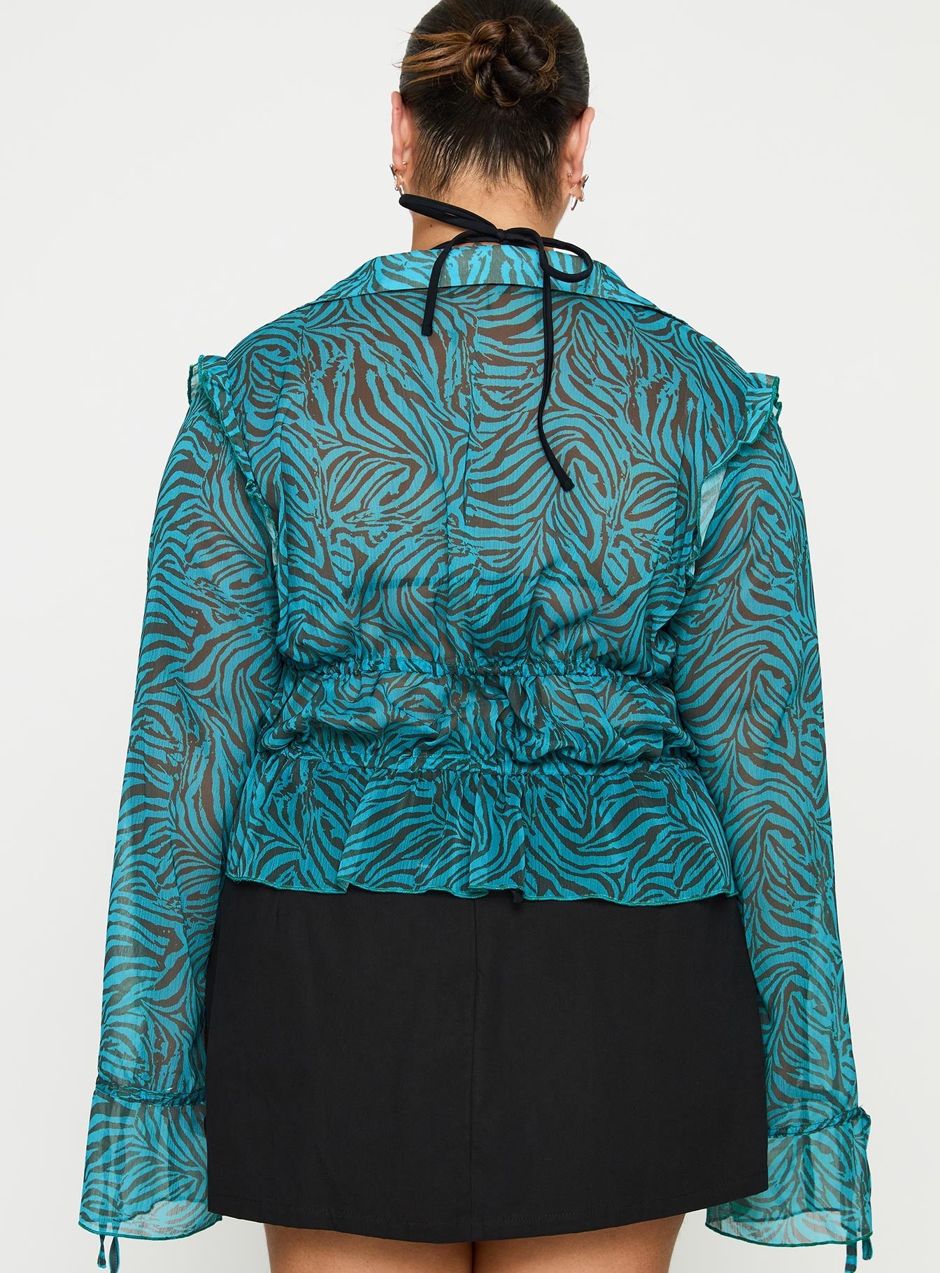 back view of model wearing Princess Polly Holidaze Long Sleeve Top Zebra Curve Full Sleeves Plunger 