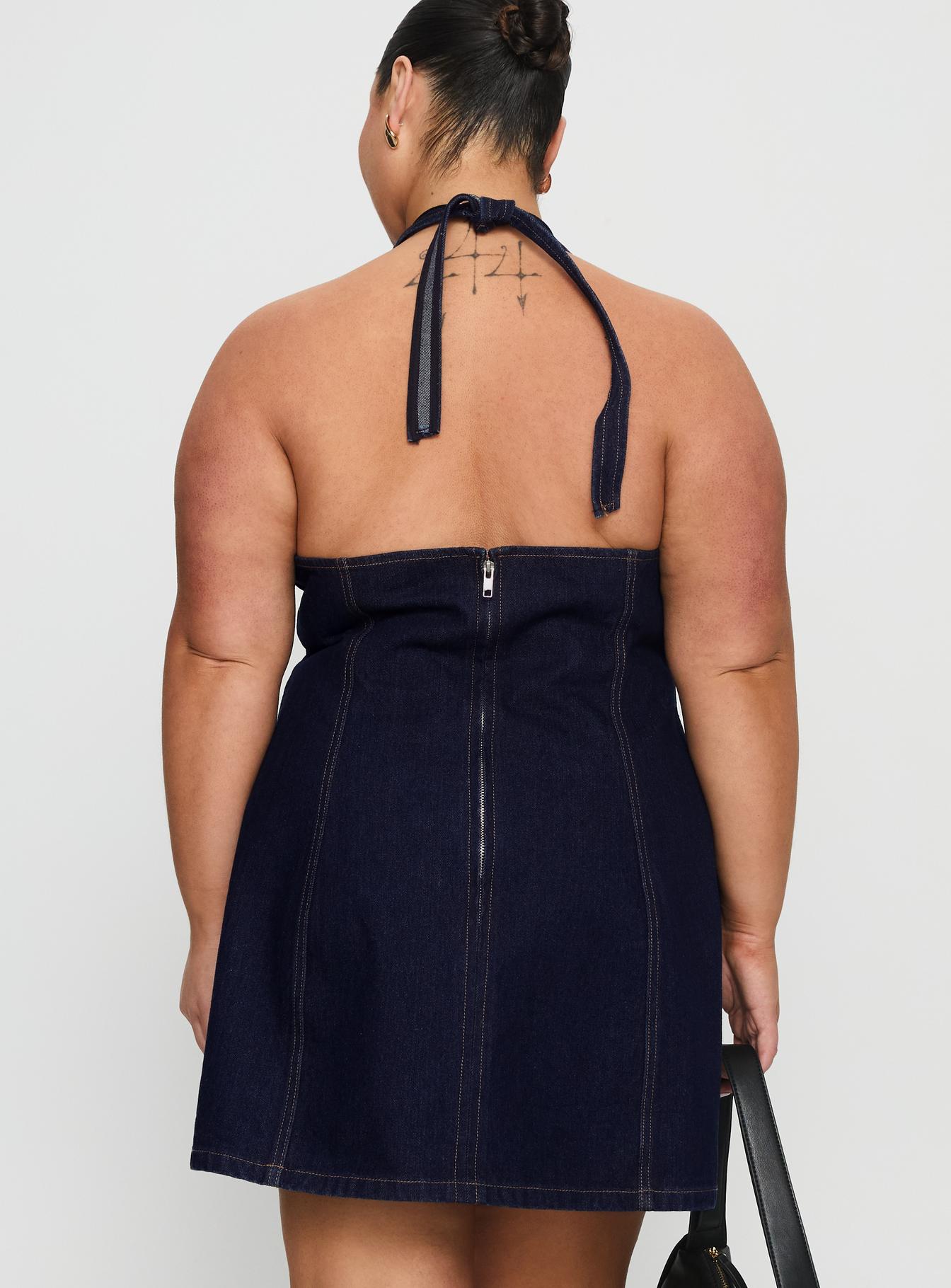 Say Goodnight Denim Halter Mini Dress Mid Wash Curve Say Goodnight Denim Halter Mini Dress Mid Wash Curve