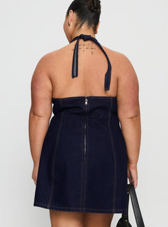 Say Goodnight Denim Halter Mini Dress Mid Wash Curve