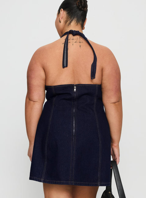 Say Goodnight Denim Halter Mini Dress Mid Wash Curve