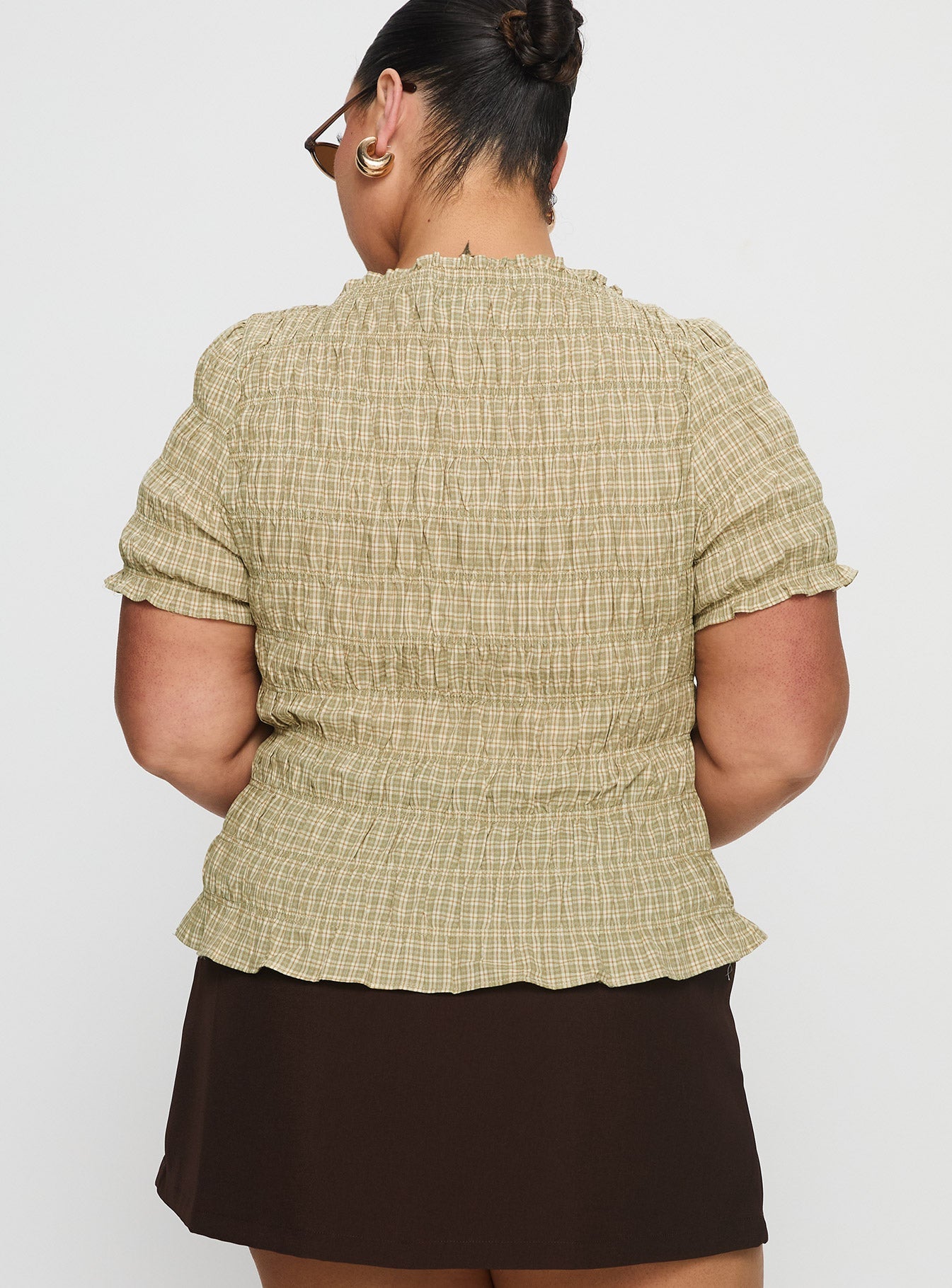 Romelle Shirred Top Green / Brown Plaid Curve