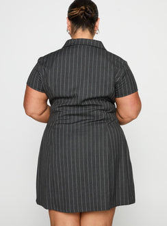 back view of model wearing Princess Polly Wynona Mini Dress White / Grey Pinstripe Curve V-Neck 