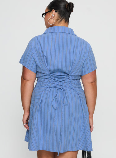 Saydie Button Down Mini Dress Blue Stripe Curve