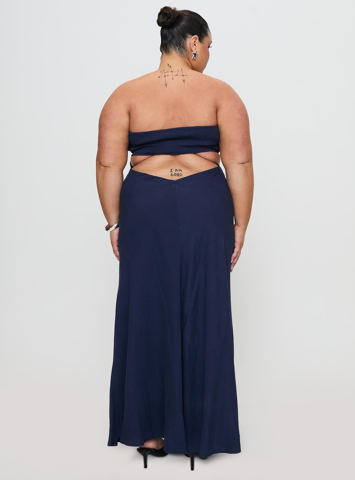 back view of model wearing Princess Polly Yahir Strapless Maxi Dress Navy Curve Straight Neck 