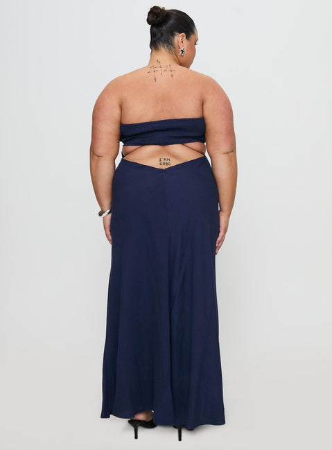 back view of model wearing Princess Polly Yahir Strapless Maxi Dress Navy Curve Straight Neck 