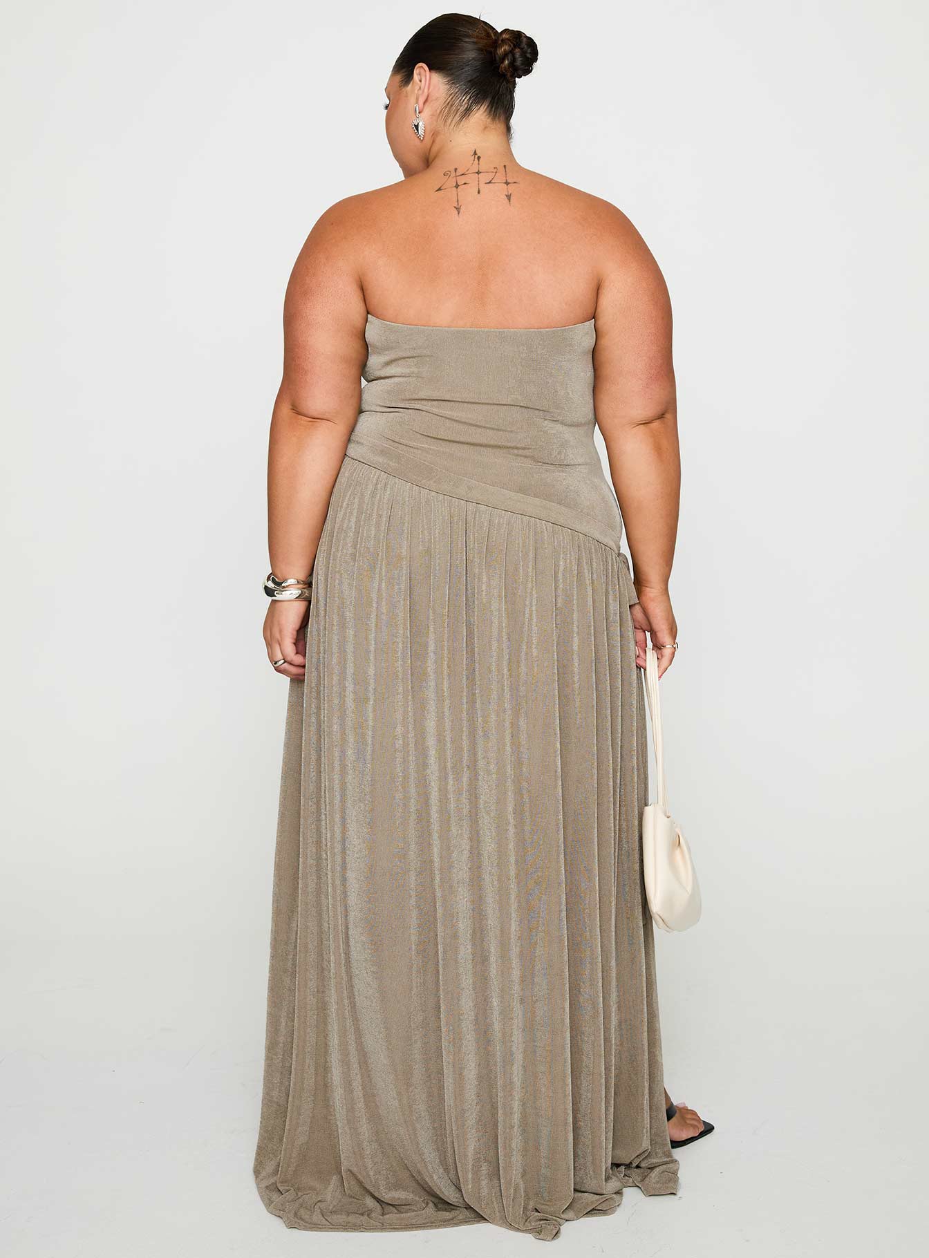 back view of model wearing Princess Polly Inka Strapless Maxi Dress Taupe Curve Straight Neck 