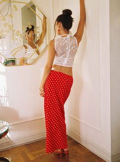 back view of model wearing Princess Polly Hayze Maxi Skirt Red / White Polka Maxi 