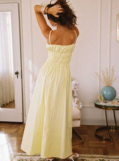 back view of model wearing Princess Polly Loralei Shirred Maxi Dress Yellow Square Neck 