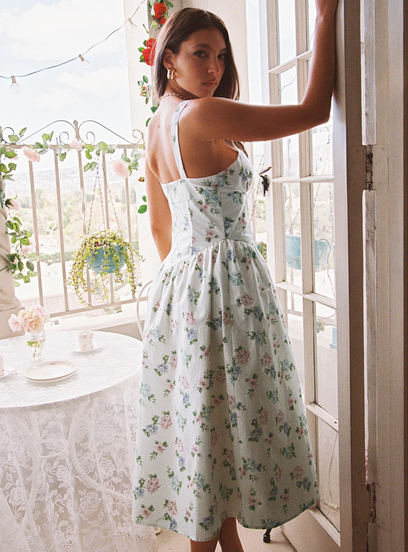 back view of model wearing Princess Polly Dulcibella Midi Dress Floral Plunger 