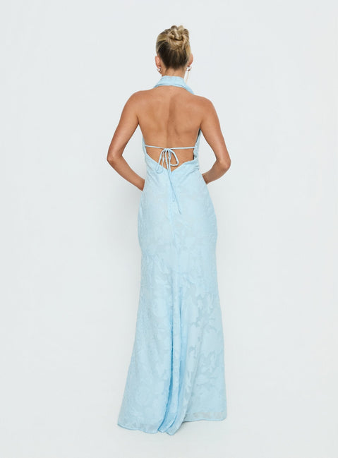 Invisible String Cowl Plunge Backless Maxi Dress Light Blue