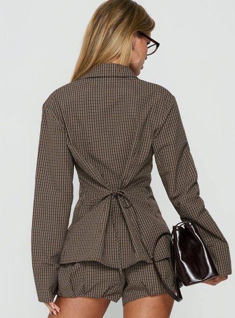 Amorah Cinched Longline Shirt Brown Check