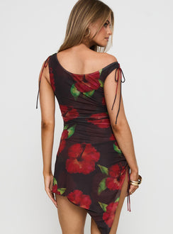 Harmonie One Shoulder Mini Dress Brown / Red