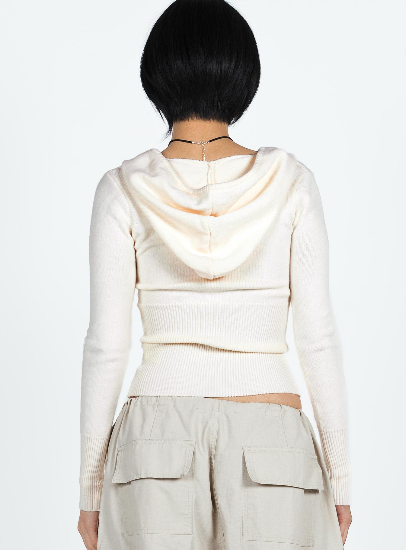 back view of model wearing Princess Polly Elingford Zip Up Hooded Sweater Cream 