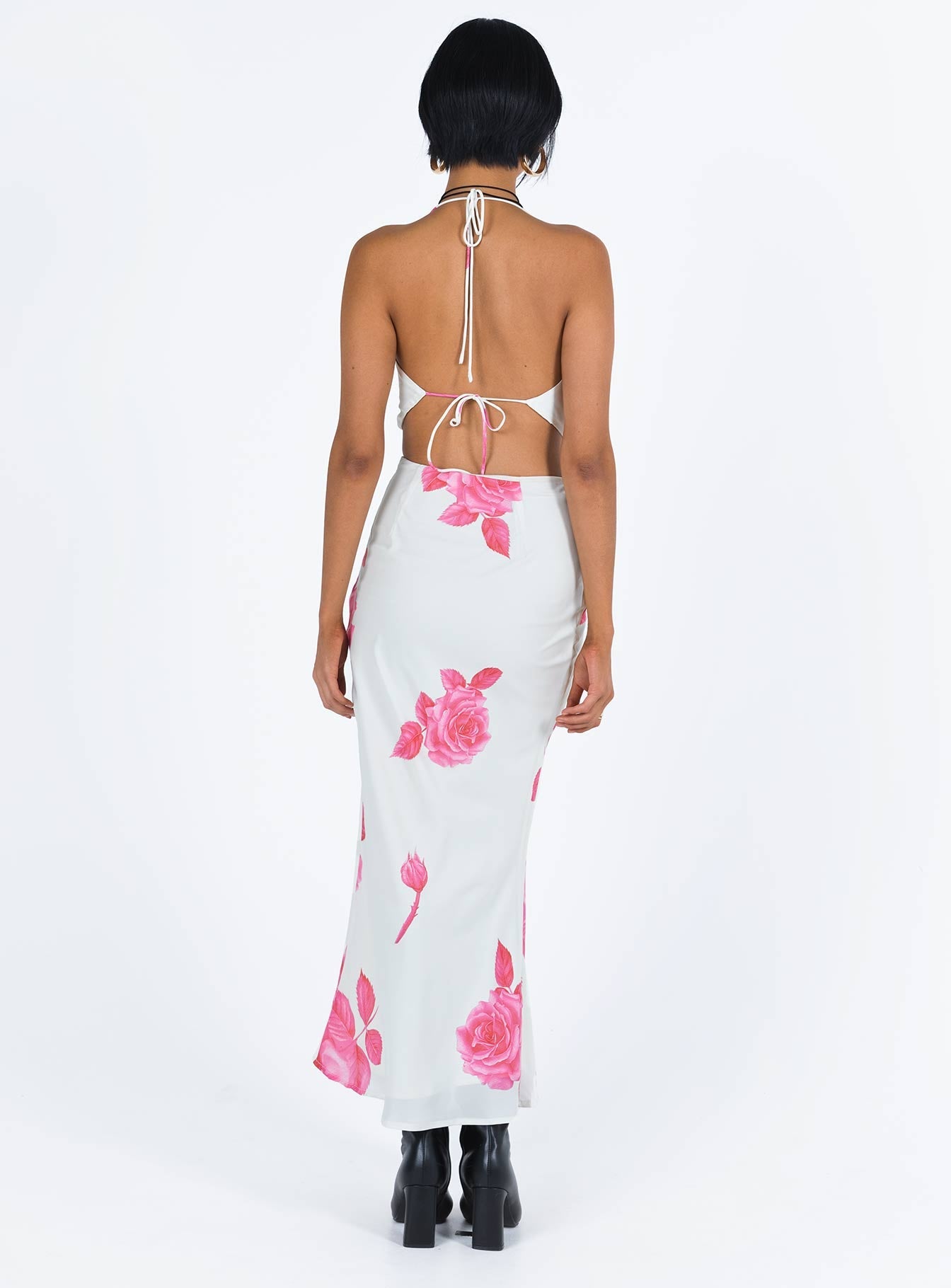 Two piece set Halter top Cowl neck Open back Tie fastening at neck and back Maxi skirt Invisible zip fastening at side