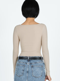 Long sleeve bodysuit, scoop neck High-cut leg, cheeky bottom, press clipping fastening