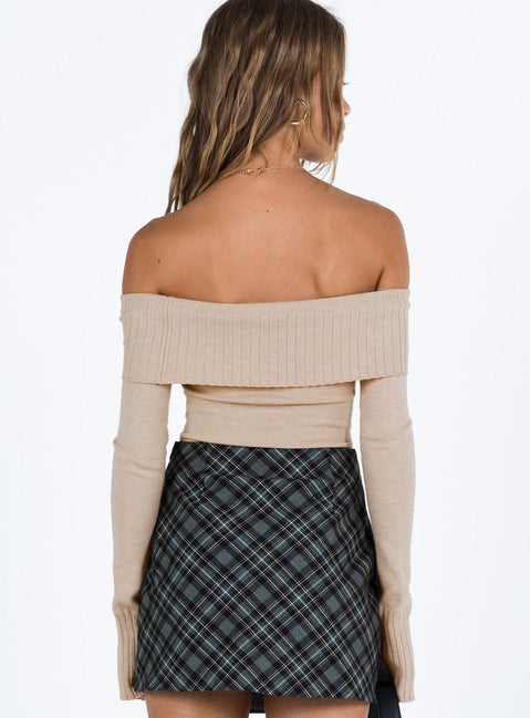 back view of model wearing Princess Polly Savani Off The Shoulder Bodysuit Beige Full Sleeves straight 