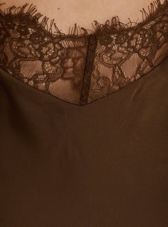 Adamaria Plunge Halter Lace Trim Maxi Dress Chocolate