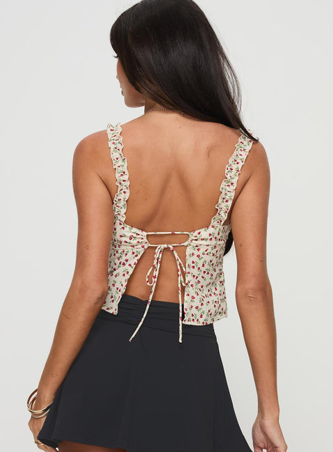 back view of model wearing Princess Polly Poppyseed Top Yellow / Floral Sleeveless Sweetheart 