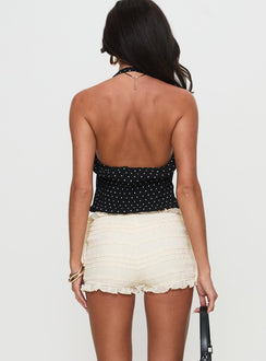 back view of model wearing Princess Polly Tessabelle Shirred Bloomer Shorts Cream High Waisted Shorts 