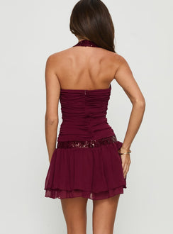 Aisleigh Sequin Halter Mini Dress Berry