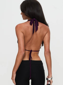 back view of model wearing Princess Polly Love Away Halter Scoop Neck Top Purple Sleeveless Plunger 