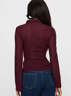 back view of model wearing Princess Polly When You Sleep Long Sleeve Top Wine Full Sleeves V-Neck 