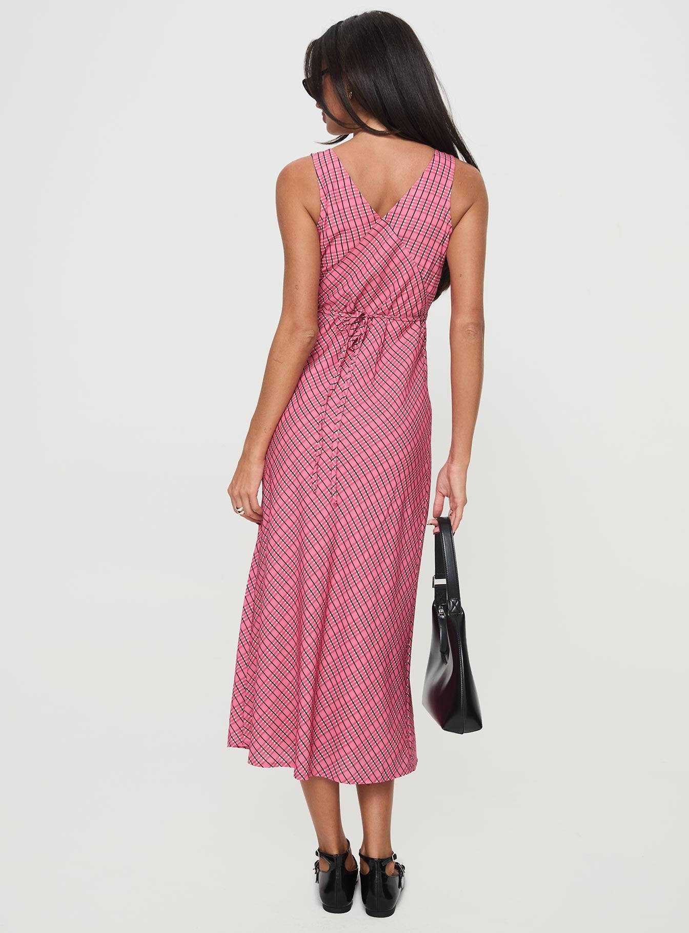 back view of model wearing Princess Polly Nellie Midi Dress Pink Check Plunger 