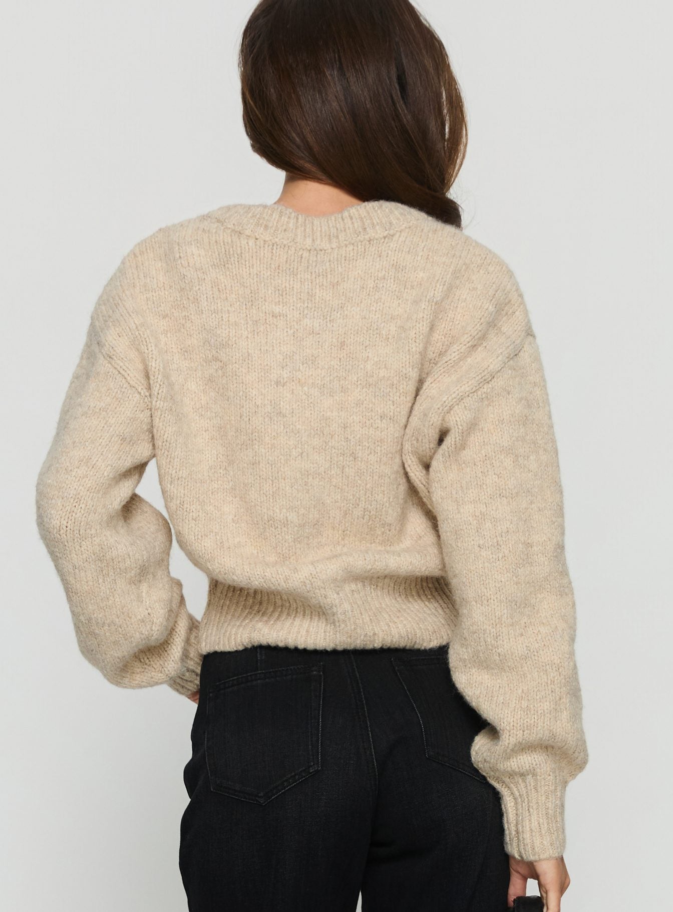 back view of model wearing Princess Polly Trevonn Button Up Knit Cardigan Beige Cropped Jumpers 