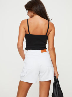 Denim shorts Slim fitting, high rise, five pocket design, branded patch at back, belt looped waist, zip and button fastening