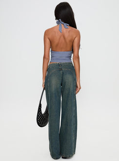 back view of model wearing Princess Polly San Mateo Tie Up Jeans Vintage Wash Low Rise Jeans 