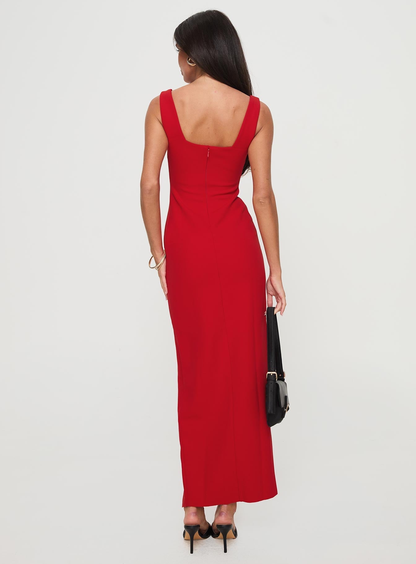 back view of model wearing Princess Polly Bombshell Maxi Dress Red Square Neck 