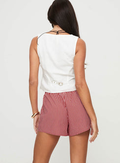 back view of model wearing Princess Polly Cobain Shorts Red Stripe High Waisted Shorts 