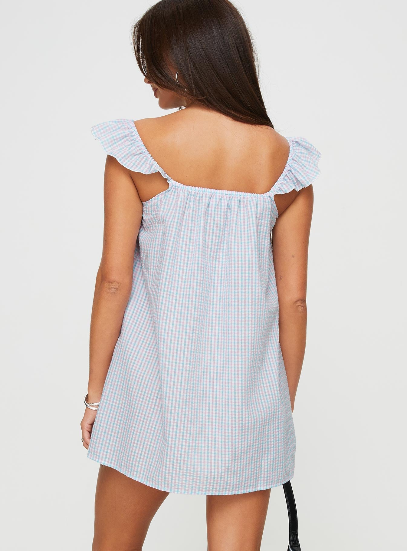 Check print mini dress Elasticated shoulder straps, tie detail at bust