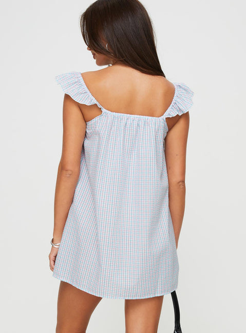 Check print mini dress Elasticated shoulder straps, tie detail at bust