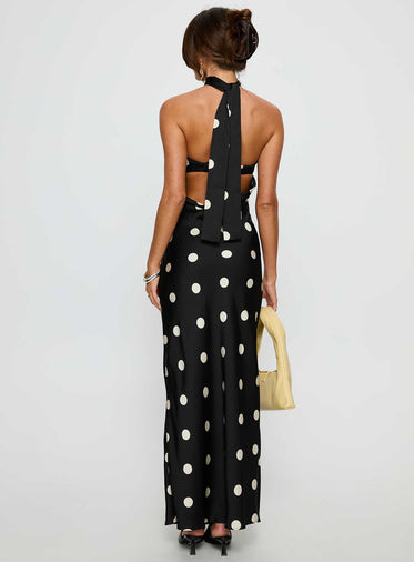 Madilaine Strapless Scarf Maxi Dress Black / Polka Dot