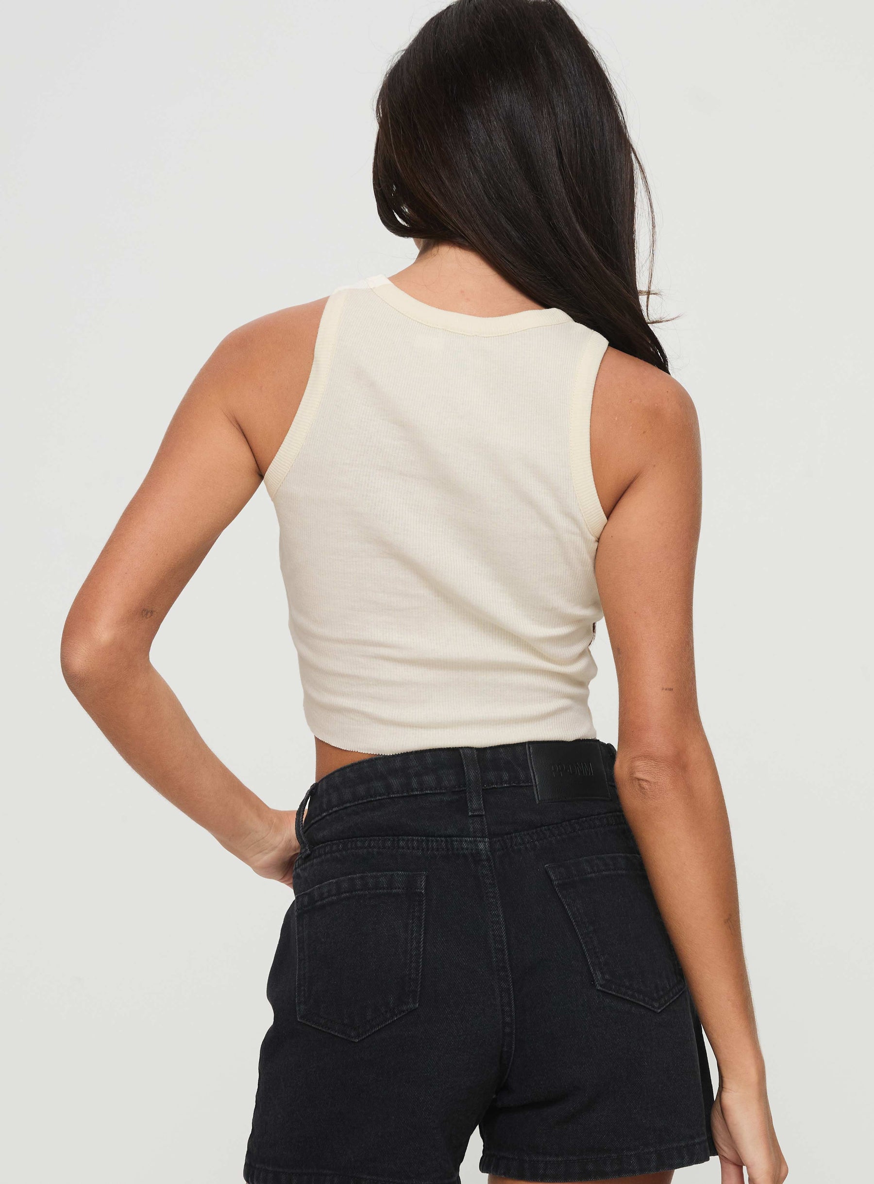 back view of model wearing Princess Polly Luck Heart Angels Top White Sleeveless Crew Neck 