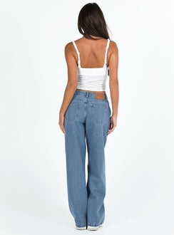 back view of model wearing Princess Polly Maryanne Mid-rise Relaxed Denim Jeans Mid Wash Denim Tall Mid Rise 