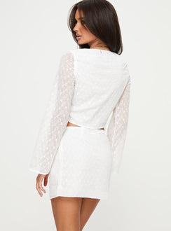 Two-piece set Long sleeve top, square neckline, tie fastening at bust, split hem High rise mini skirt, invisible zip fastening at side Non-stretch material, fully lined 