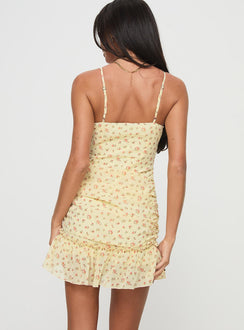 back view of model wearing Princess Polly Kyro Mini Dress Yellow Plunger 