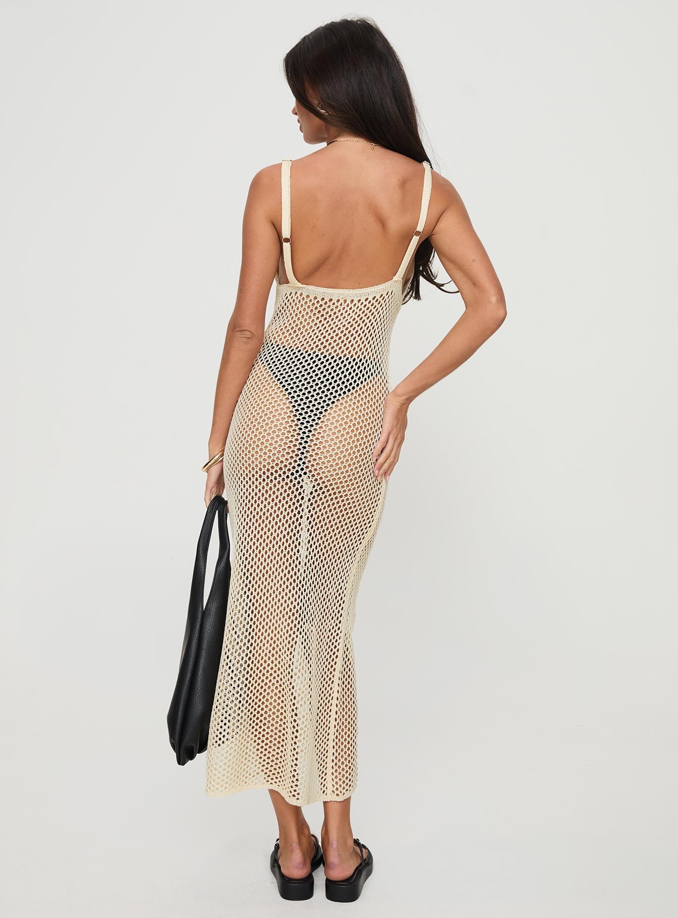 back view of model wearing Princess Polly Hawat Maxi Dress Beige V-Neck 