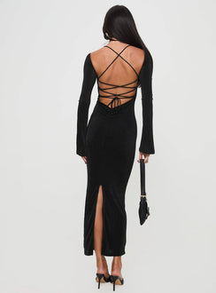 Long sleeve maxi dress Shimmery material, scooped neckline, open back detail with adjustable cross over straps, ruching & split hem at back Good stretch, fully lined 