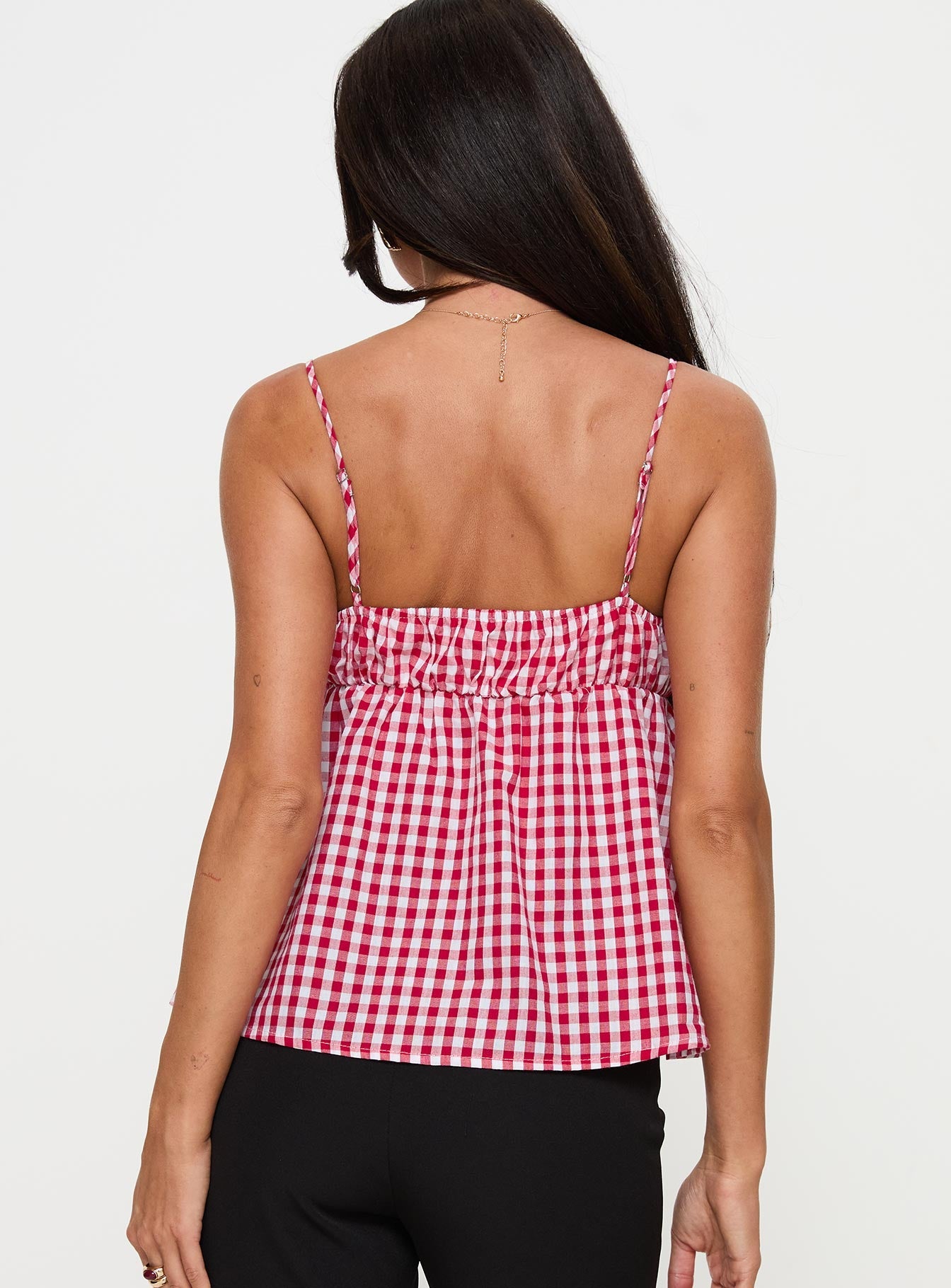 back view of model wearing Princess Polly Mirabellah Frill Top Red Gingham Sleeveless Square Neck 