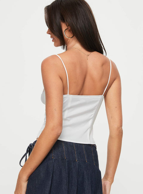 Corset top Elasticated shoulder straps, sweetheart neckline, lace trim, button fastening down front