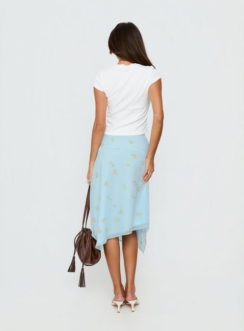 back view of model wearing Princess Polly Daphene Asymmetrical Midi Skirt Blue Floral Midi Skirts Skirts 