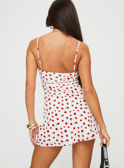 back view of model wearing Princess Polly Karena Mini Dress White / Red Floral Plunger 
