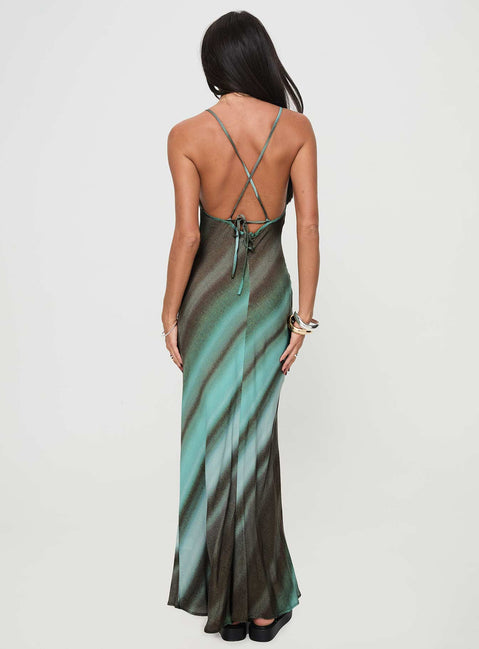 back view of model wearing Princess Polly Otillie Maxi Dress Blue Multi Plunger 